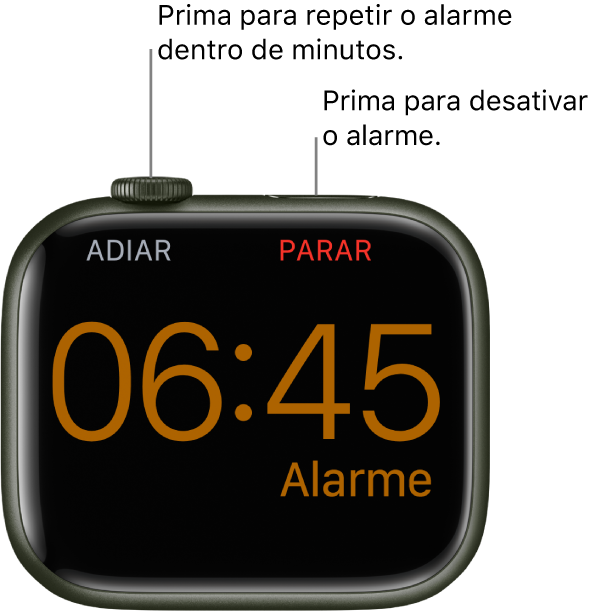 Um Apple Watch colocado de lado, no ecrã um despertador a tocar. Por baixo da Digital Crown está a palavra Adiar. A palavra “Parar” está por baixo do botão lateral.