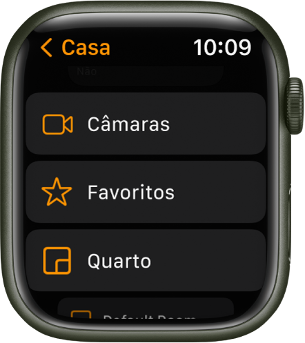 A aplicação Casa a mostrar uma lista que contém botões para Câmaras, Favoritos e divisões.