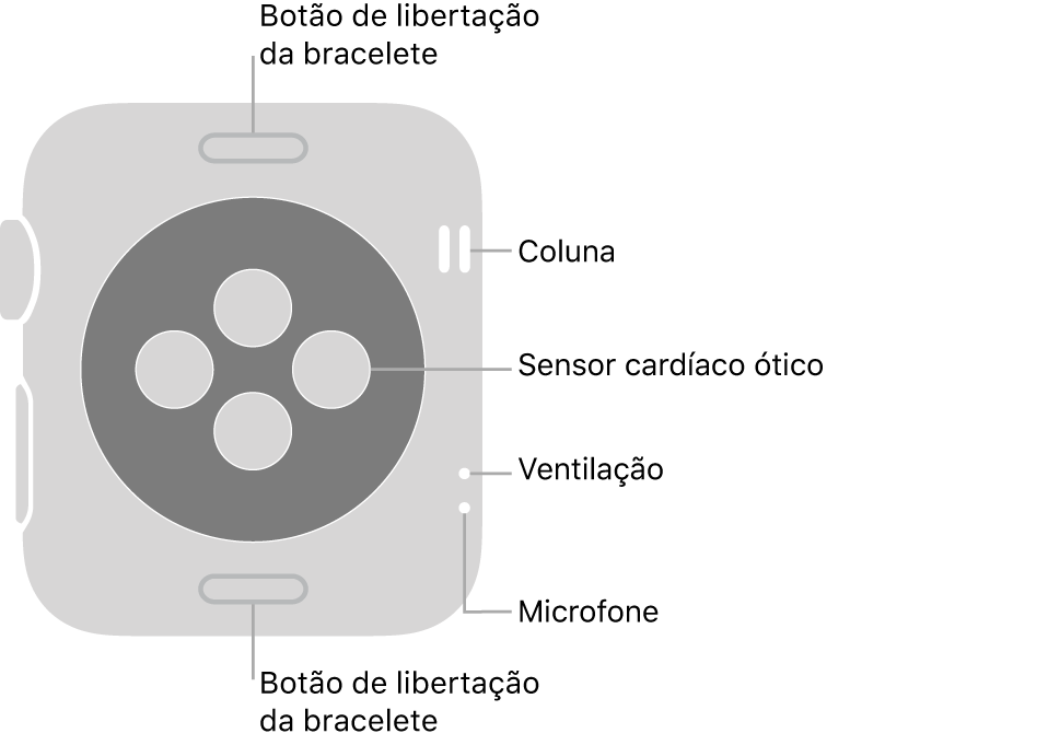 Apple Watch Series 3 visto de trás, com os botões de libertação da bracelete na parte superior e na parte inferior, os sensores cardíacos óticos ao meio, e a coluna, ventilação e microfone, de cima para baixo, junto à parte lateral.