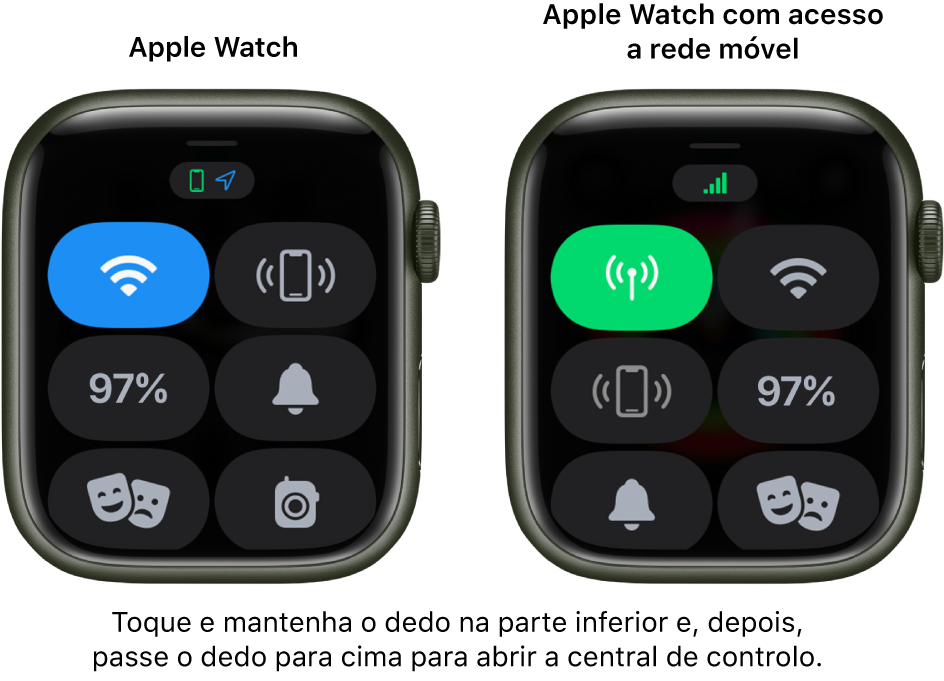 Duas imagens: Um Apple Watch sem rede móvel à esquerda, com a central de controlo. O botão Wi-Fi encontra-se no canto superior esquerdo, o botão “Procurar o iPhone” no canto superior direito, a percentagem da bateria no centro à esquerda, o botão do modo sem som no centro à direita, o modo Espetáculo no canto inferior esquerdo e o botão Walkie-talkie no canto inferior direito. A imagem da direita é de um Apple Watch com rede móvel. A central de controlo mostra o botão da rede móvel no canto superior esquerdo, o botão de Wi-Fi no canto superior direito, o botão “Procurar iPhone” no centro à esquerda, o botão de percentagem da bateria no centro à direita, o botão do modo sem som no canto inferior esquerdo e o modo Espetáculo no canto inferior direito.
