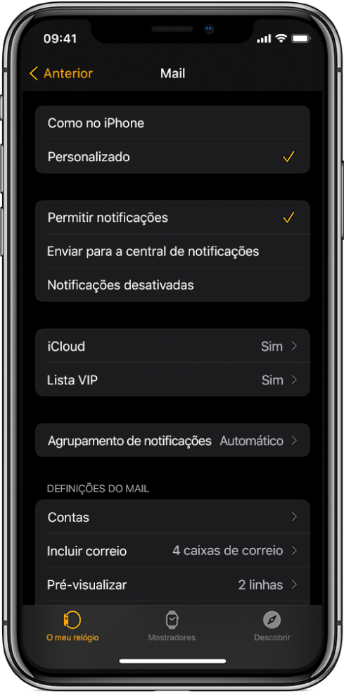 As definições do Mail na aplicação Apple Watch a mostrar definições para notificações e contas de e-mail.