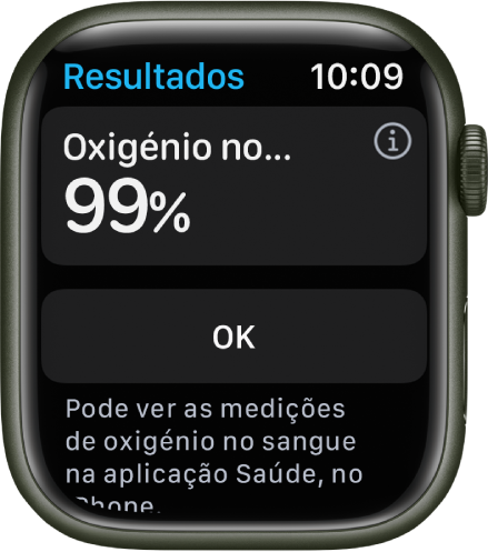 O ecrã de resultados da aplicação Oxigénio no Sangue, com uma saturação de oxigénio no sangue de 99%. Por baixo, está um botão “OK”.