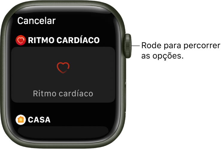 O ecrã de personalização de um mostrador com a complicação “Ritmo cardíaco” uma chamada realçada. Rode a Digital Crown para explorar complicações.