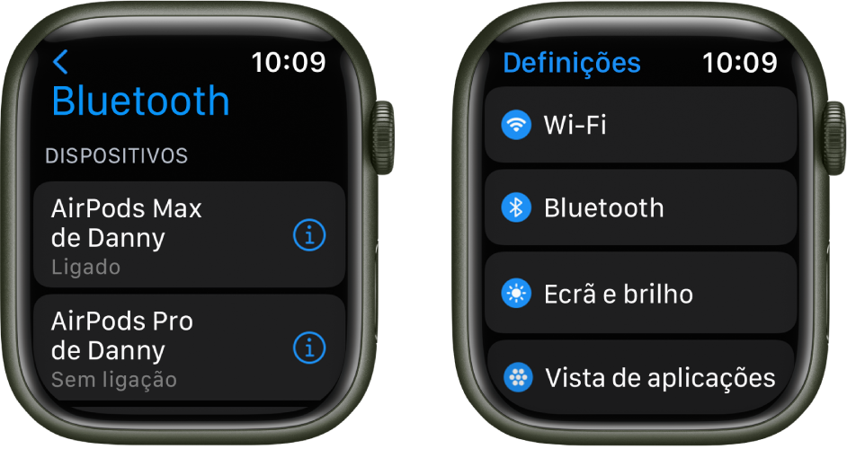 Dois ecrãs lado a lado. O ecrã da esquerda apresenta dois dispositivos Bluetooth disponíveis: AirPods Max, que estão ligados e AirPods Pro, que não estão ligados. À direita está o ecrã Definições com os botões Wi‑Fi, Bluetooth, Ecrã e brilho e Vista de aplicações numa lista.