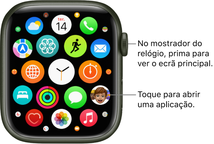 Ecrã principal na vista em grelha no Apple Watch, com as aplicações aglomeradas. Toque numa aplicação para a abrir. Arraste para ver mais aplicações.