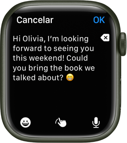 A aplicação Mail a mostrar um ecrã onde escrever uma mensagem de e-mail. O texto do corpo está perto da parte superior com um botão “Apagar” à direita. Na parte inferior estão os botões “Emoji”, “Rabiscar” e “Ditado”. Um botão OK no canto superior direito.