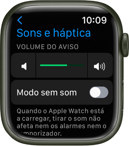 Definições de “Sons e háptica” no Apple Watch, com o nivelador “Volume do aviso” na parte superior e o manípulo “Modo sem som” por baixo.