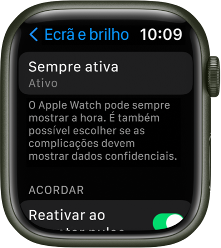 O ecrã “Ecrã e brilho” com o botão “Sempre ligado”.