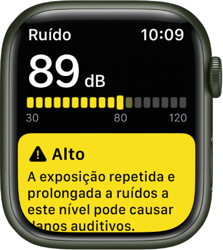 Uma notificação da aplicação Ruído acerca de um nível sonoro de 89 decibéis. Um aviso relativo a uma exposição prolongada a este nível de som é apresentado por baixo.