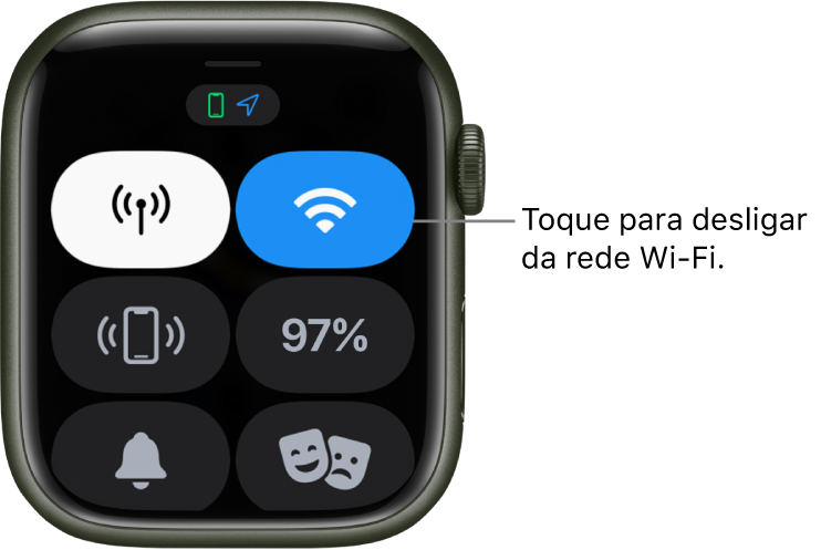 A central de controlo no Apple Watch (GPS + Cellular) com o botão Wi-Fi no canto superior direito. A chamada diz: “Toque para desligar da rede Wi-Fi.”