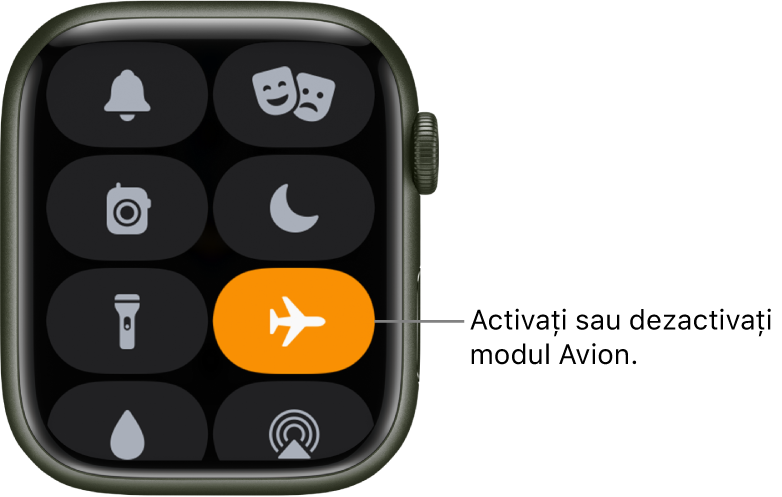 Centrul de control cu butonul mod Avion evidențiat pentru a indica faptul că modul Avion este activat.