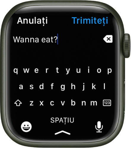 Un ecran de introducere a textului afișând tastatura QWERTY. O parte din text apare în partea de sus, cu butonul de ștergere în dreapta. Butoanele Emoji, Spațiu și Dictare se află jos.