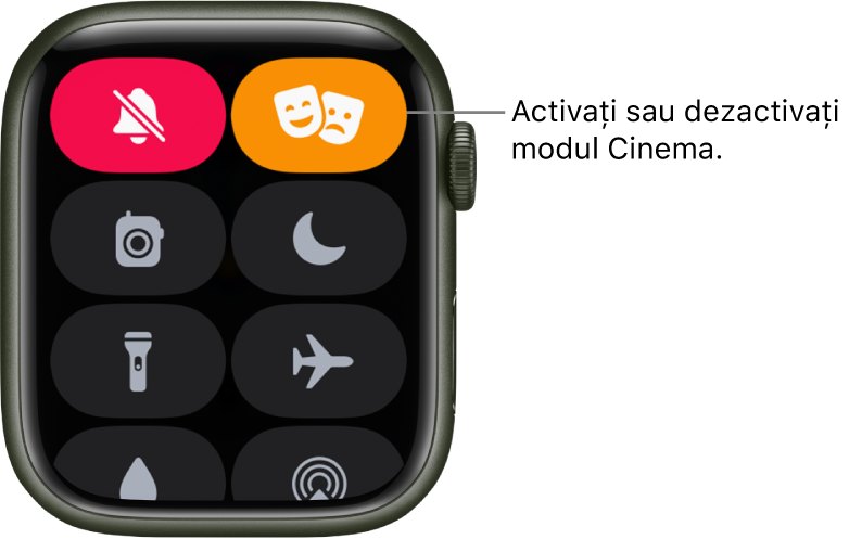 Centrul de control cu butonul mod Cinema și mod Silențios evidențiate pentru a indica faptul că modul Cinema este activat.