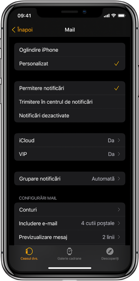 Configurările Mail în aplicația Apple Watch afișând configurările pentru notificări și conturile de e-mail.