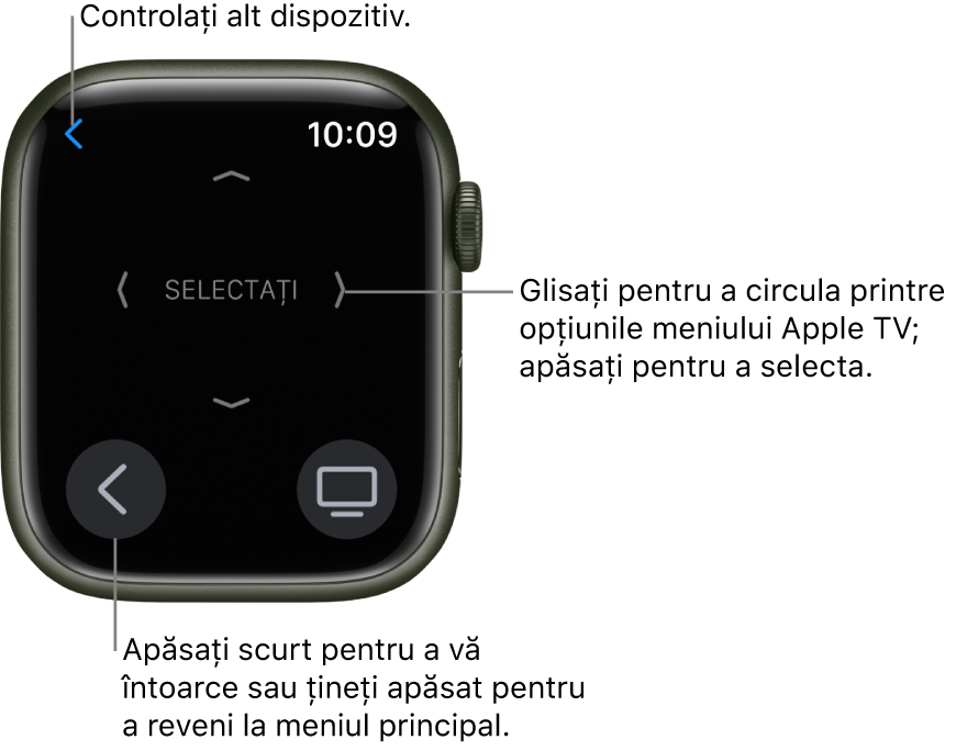 Afișajul Apple Watch când este utilizat drept telecomandă. Butonul Meniu este în stânga jos, iar butonul TV este în dreapta jos. Butonul Înapoi este în colțul din stânga sus.