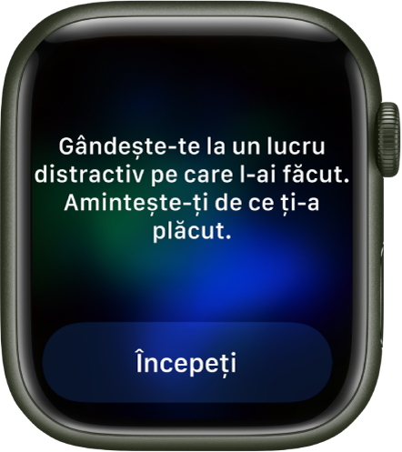 Aplicația Conștientizare afișează un gând asupra căruia puteți reflecta: “Gândește-te la un lucru distractiv pe care l-ai făcut. Amintește-ți de ce ți-a plăcut.” Butonul Începeți se află dedesubt.