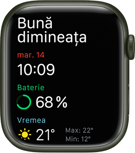 Apple Watch afișând ecranul de trezire. Cuvintele “Bună dimineața” apar în partea de sus. Data, ora, încărcarea bateriei și vremea apar dedesubt.