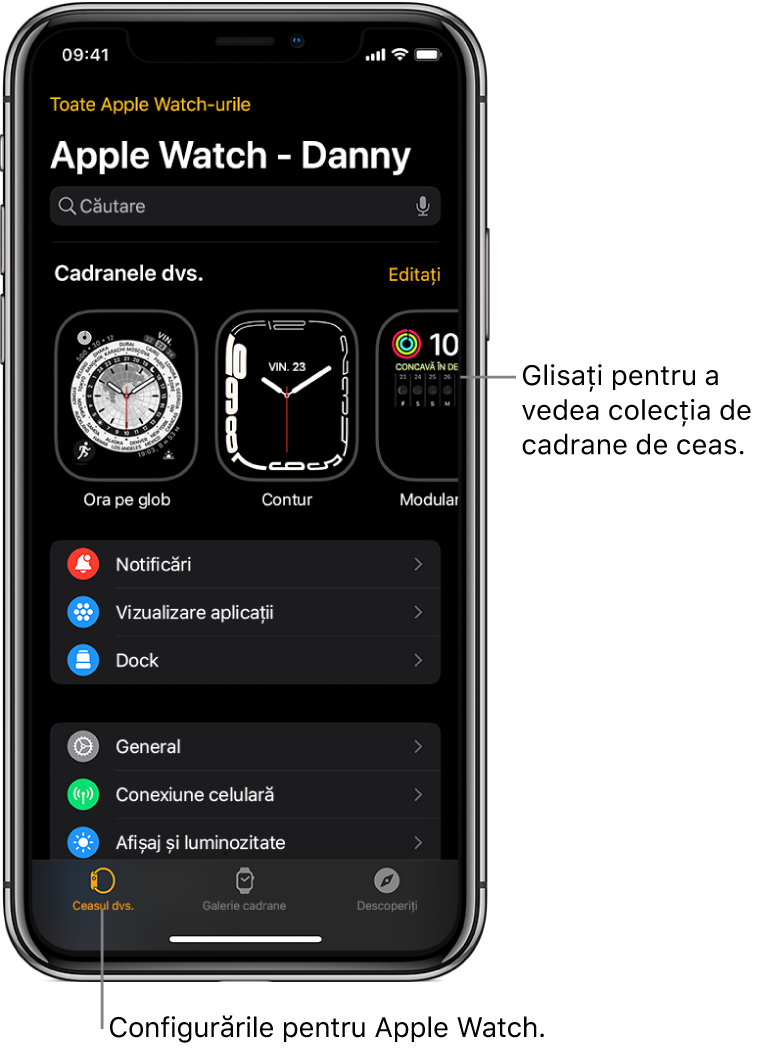Aplicația Apple Watch de pe iPhone se deschide în ecranul Ceasul dvs., care prezintă cadranele dvs. de ceas sus și configurările dedesubt. Există trei file în partea de jos a ecranului aplicației Apple Watch: fila din stânga este Ceasul dvs., de unde accesați configurările Apple Watch; lângă aceasta este Galerie cadrane, de unde puteți explora cadranele și complicațiile disponibile; urmează Explorare, unde puteți afla mai multe despre Apple Watch.