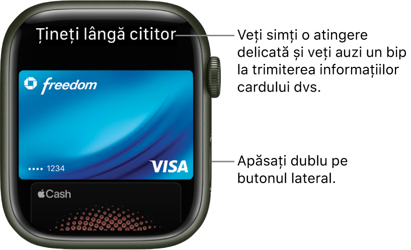 Ecran Apple Pay cu mesajul “Țineți lângă cititor” în partea de sus; simțiți o atingere ușoară și auziți un bip când sunt trimise informațiile despre card.