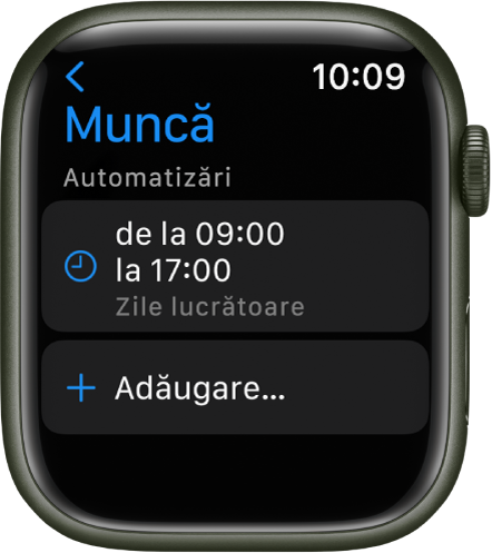 Modul de concentrare Muncă, afișând un program de la 9 a.m. la 5 p.m. în zilele lucrătoare. Un buton Adăugați se află dedesubt.
