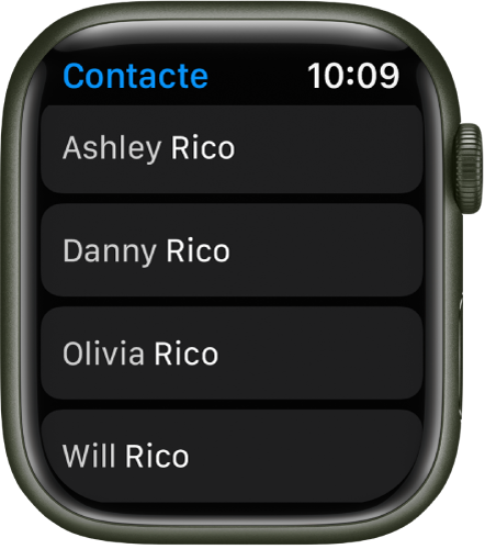 O listă de contacte în aplicația Contacte.