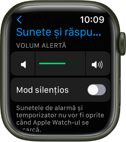 Configurările Sunete și răspuns haptic pe Apple Watch, cu glisorul Volum alarmă sus și comutatorul Mod silențios dedesubt.