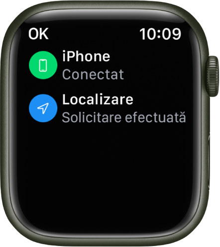 Detaliile despre stare, afișând că iPhone‑ul este conectat și a fost solicitată localizarea ceasului.