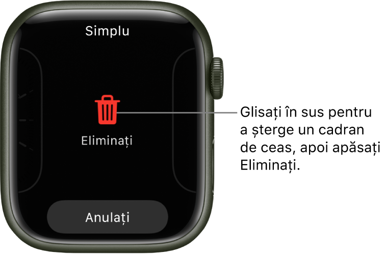 Ecranul Apple Watch prezentând butoanele Eliminați și Anulați, care apar după ce glisați spre un cadran de ceas, apoi glisați în sus pe el pentru a-l șterge.