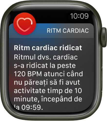 Ecranul Ritm cardiac ridicat afișând o notificare conform căreia ritmul dvs. cardiac a depășit 120 bpm într-o perioadă de inactivitate de 10 minute.