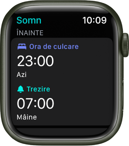 Aplicația Somn de pe Apple Watch prezentând programul de somn al serii. Ora de culcare apare în partea de sus și ora pentru Trezire este dedesubt.