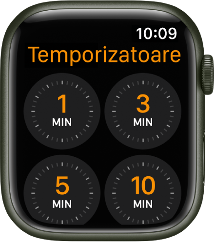 Ecranul aplicației Temporizator, prezentând temporizatoarele rapide pentru 1, 3, 5 sau 10 minute.