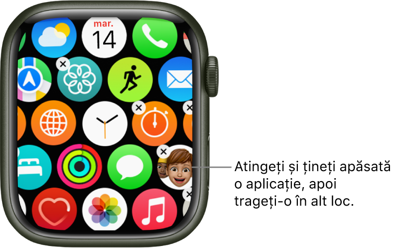Ecranul principal Apple Watch în vizualizarea grilă.