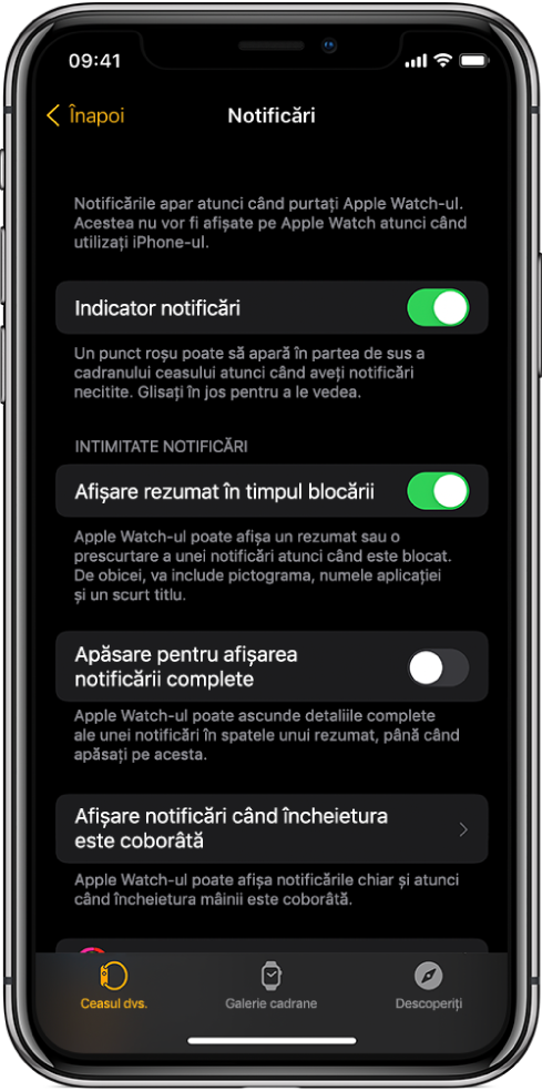Ecranul Notificări din aplicația Apple Watch de pe iPhone, afișând sursele notificărilor.