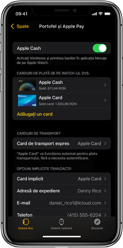 Ecranul Portofel și Apple Pay în aplicația Apple Watch de pe iPhone. Ecranul prezintă cardurile adăugate la Apple Watch, cardul pe care l-ați ales pentru a fi utilizat pentru transport expres și configurările implicite pentru tranzacție.
