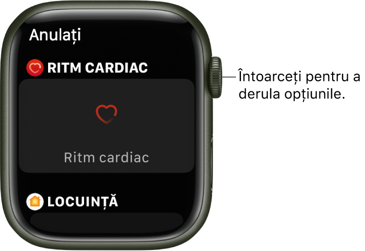 Ecranul de personalizare pentru un cadran de ceas, având complicația Ritm cardiac evidențiată. Pentru a explora complicațiile, întoarceți coroana Digital Crown.