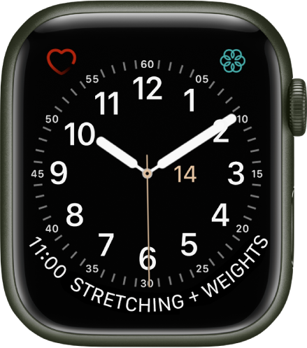 Cadranul de ceas Utilitar, unde puteți să schimbați culoarea secundarului și să ajustați numerotarea și detaliile ceasului. Apar trei complicații: Ritm cardiac în partea stângă sus, Conștientizare în partea dreaptă sus și Program Calendar în partea de jos.
