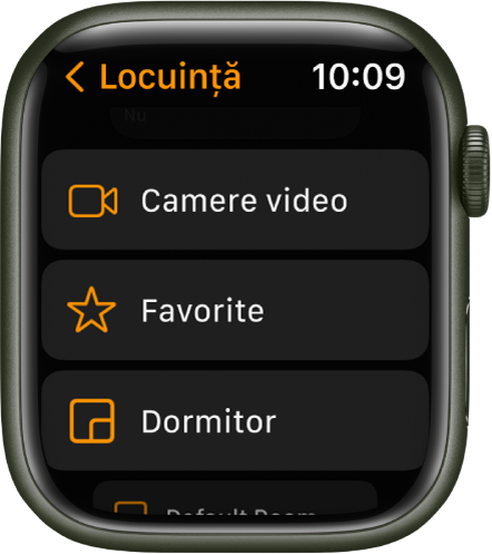 Aplicația Locuință, afișând o listă care conține butoanele pentru Camere video, Favorite și camere.
