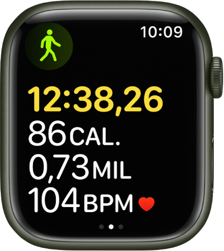 Un ecran prezentând informații despre exercițiu, inclusiv timpul scurs și ritmul cardiac.