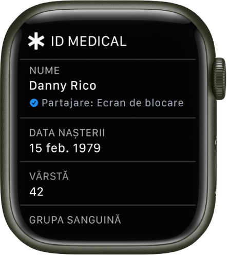 Ecranul ID medical prezentând numele, data nașterii și vârsta utilizatorului.