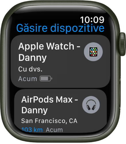 Aplicația Găsire dispozitive afișând două dispozitive: un Apple Watch și AirPods.