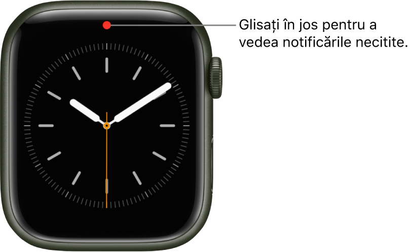 Când aveți o notificare necitită, un punct roșu apare în partea din centru sus a cadranului ceasului.