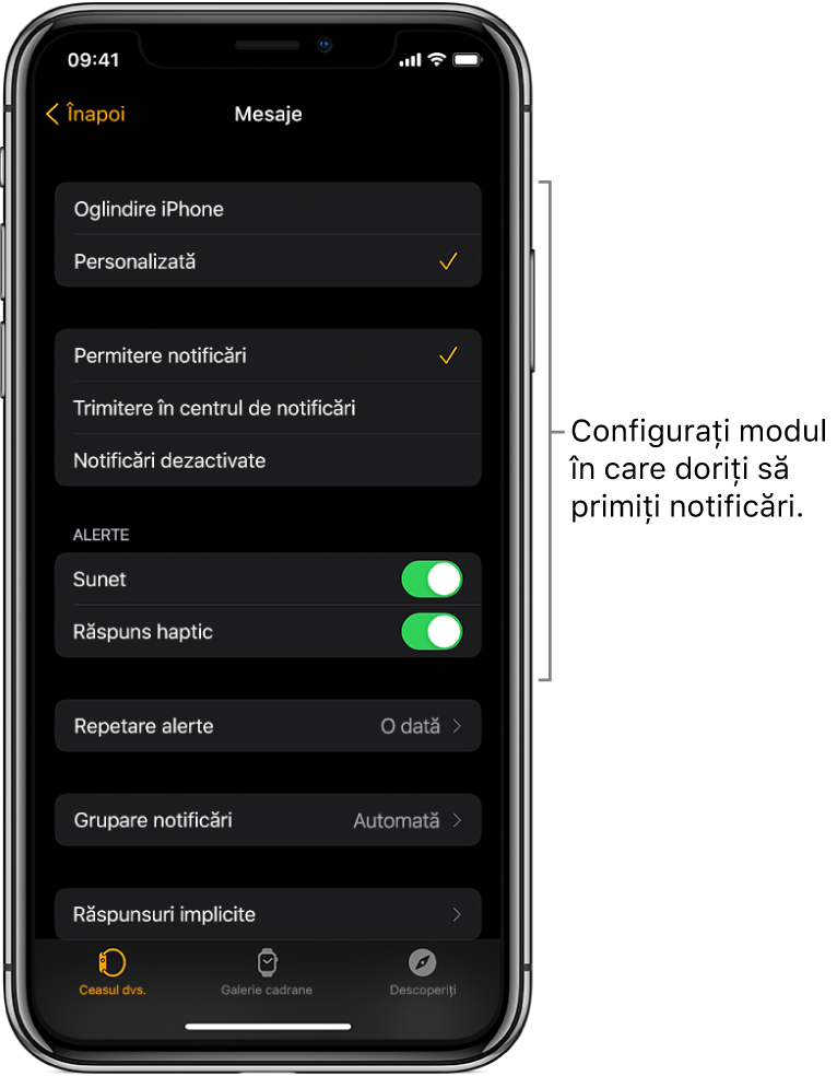 Configurările Mesaje în aplicația Apple Watch pe iPhone. Puteți alege să afișați alertele, să porniți sunetul, să activați răspunsul haptic și să repetați alertele.