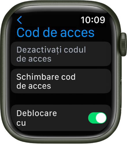 Configurările pentru Cod de acces pe Apple Watch, cu butonul Dezactivați codul de acces în partea de sus, butonul Schimbați codul de acces dedesubt și Deblocare cu iPhone-ul în partea de jos.
