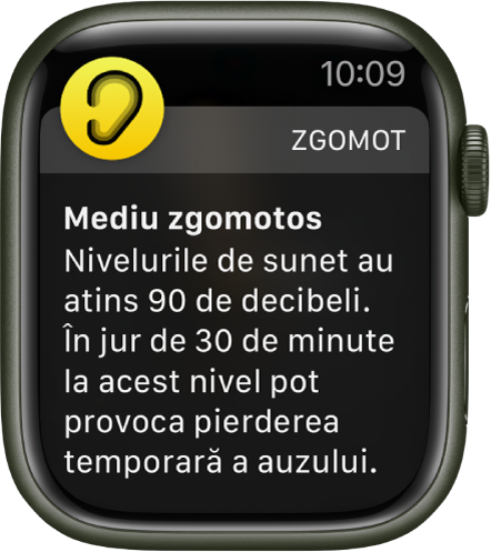 Un Apple Watch afișând o notificare Zgomot. Pictograma aplicației asociate cu notificarea apare în stânga sus. O puteți apăsa pentru a deschide aplicația.