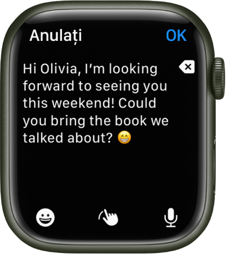 Un ecran de introducere a textului cu text și un emoji în partea de sus și butoanele Emoji, Scrieți și Dictare în partea de jos.