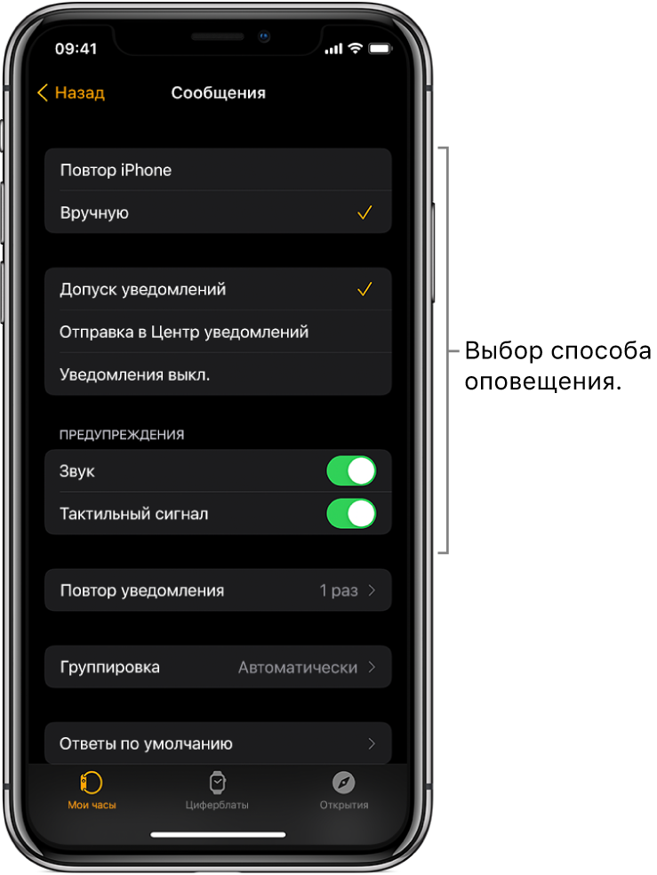 Настройки Сообщений в приложении Apple Watch на iPhone. Вы можете выбрать, нужно ли отображать предупреждения, включить звуковое оповещение, включить тактильный сигнал и настроить повтор для предупреждений.