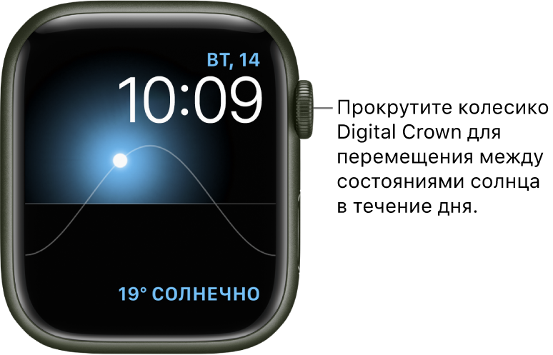 Циферблат «Солнце (графический)», на котором отображается день, дата и время в данный момент. Эти элементы Вы не можете изменить. Расширение «Погода» в правом верхнем углу. Прокрутите колесико Digital Crown, чтобы изменить положение солнца на небе: в сумерках, на рассвете, в зените, на закате и в темноте.