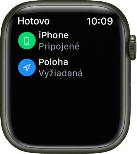 Podrobnosti stavu zobrazujúce, že iPhone je pripojený a bola vyžiadaná poloha hodiniek.