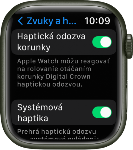 Obrazovka pre haptickú odozvu korunky so zapnutým prepínačom Haptická odozva korunky. Pod ním je prepínač Systémová haptika.