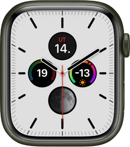 Ciferník Meridian, na ktorom môžete upraviť farby fazety a detaily číselníka. Nachádzajú sa na ňom štyri komplikácie vnútri analógového ciferníka. V hornej časti je komplikácia Kalentár, UV index je napravo, Fáza mesiaca naspodku a Teplota naľavo.